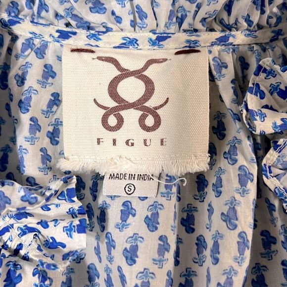 FIGUE Fabiana Ruffle Tassel Print Blouse Size S in Blue - Picture 9 of 10